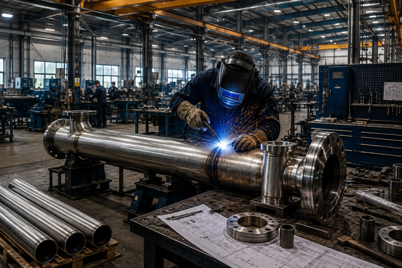 Fertigung – Torvek Anlagenbau GmbH Industrielle Fertigung von Rohrleitungskomponenten und Stahlbauteilen in einer Werkstatt