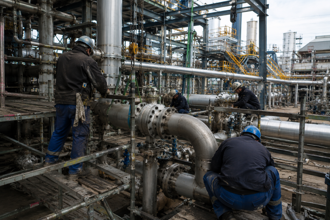 Industrielle Montage – Torvek Anlagenbau GmbH Fachkräfte bei der mechanischen Montage von Rohrleitungen und Anlagenkomponenten