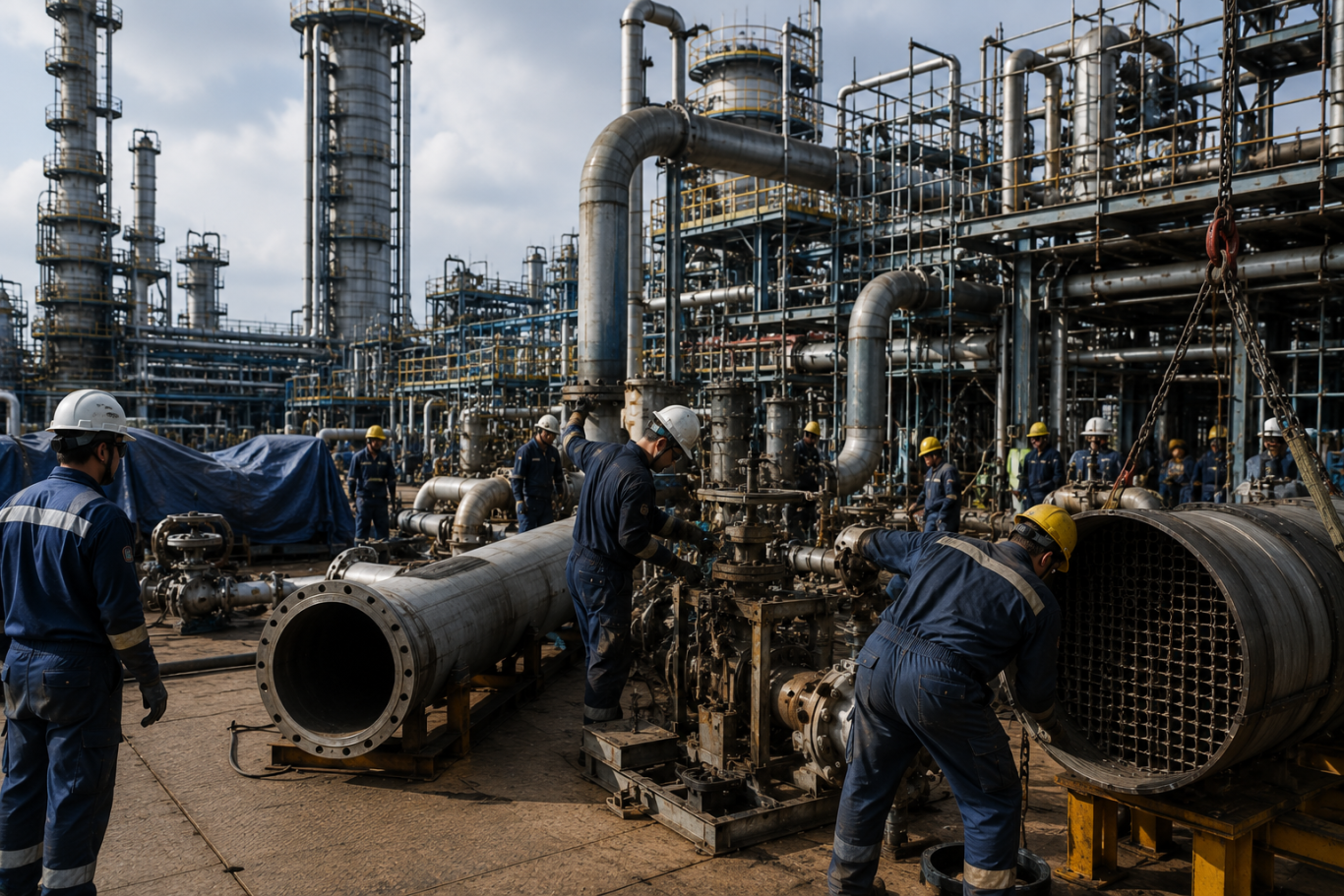 Shutdown & Maintenance – Torvek Anlagenbau GmbH Fachkräfte bei Wartungs- und Instandhaltungsarbeiten während eines industriellen Anlagenstillstands